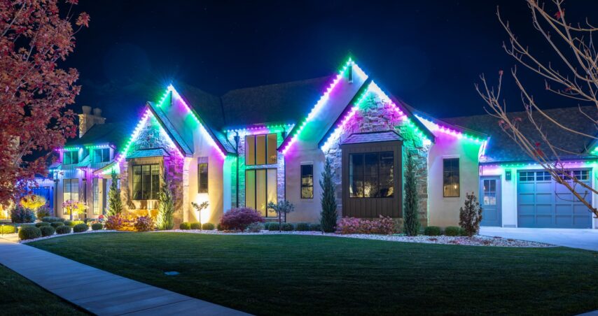 251020-MAPLETON-UT-35 A house at night decorated with bright, colorful LED lights along the rooflines showcases a stunning permanent lighting installation, illuminating the exterior in green, blue, and purple hues. The lawn and landscaping are neatly maintained.